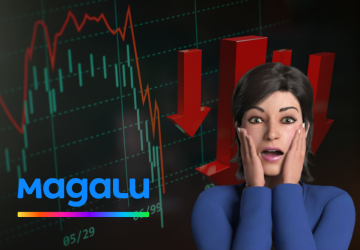 Gráfico que representa o colapso do mercado financeiro e ao lato a avatar Lu da Magalu com cara de espanto, para representar o Porque as ações da Magalu caíram