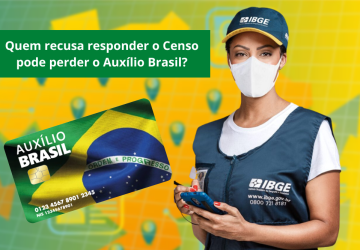 Moça recenseadora ao lado de um cartão do benefício e a pergunta "Quem recusa responder o Censo pode perder o Auxílio Brasil?"